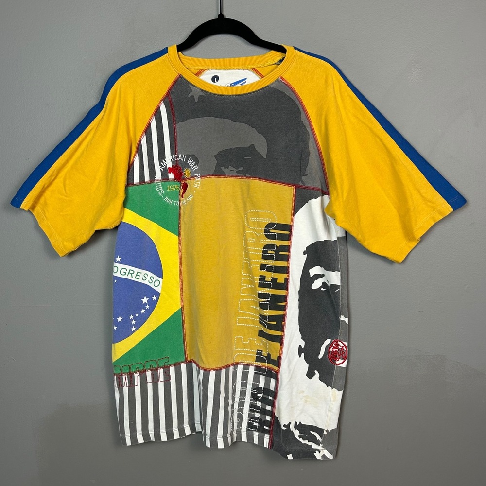 VTG Y2K Ringspun Shirt Mens L Brazil Che Guevara Patchwork Raglan All Over Print
